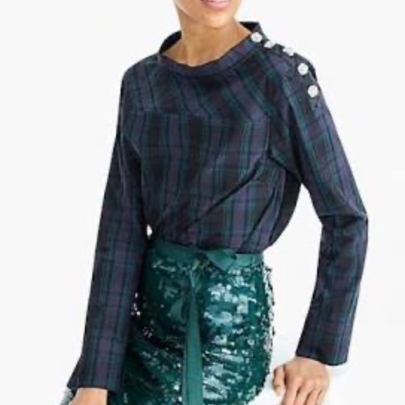J. Crew Womens Plaid Jeweled Funnel Neck Blouse Top - Picture 5 of 8
